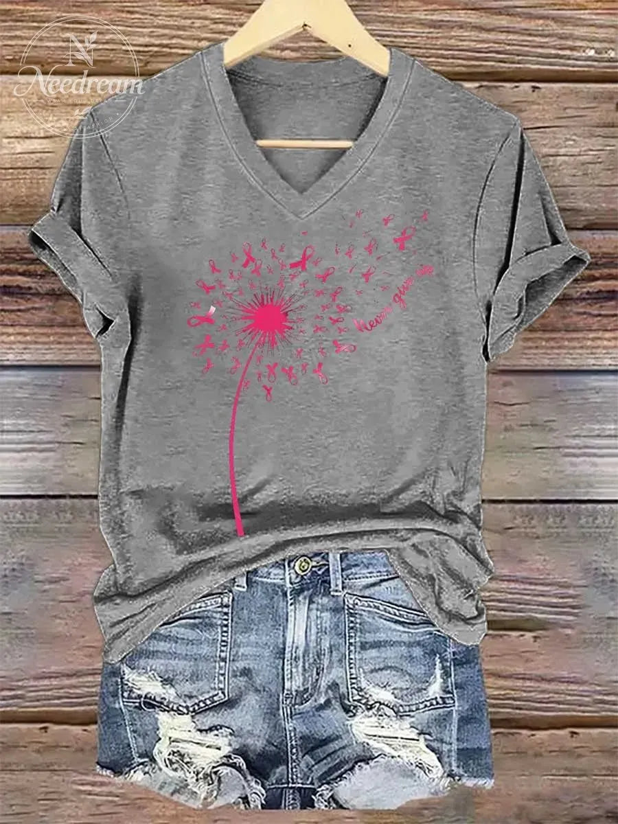 Women's Never Give Up Breast Cancer Awareness V-neck Casual T-Shirt