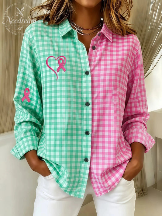 Women'S Casual Retro Pink And Green Color-Block Plaid Shirt