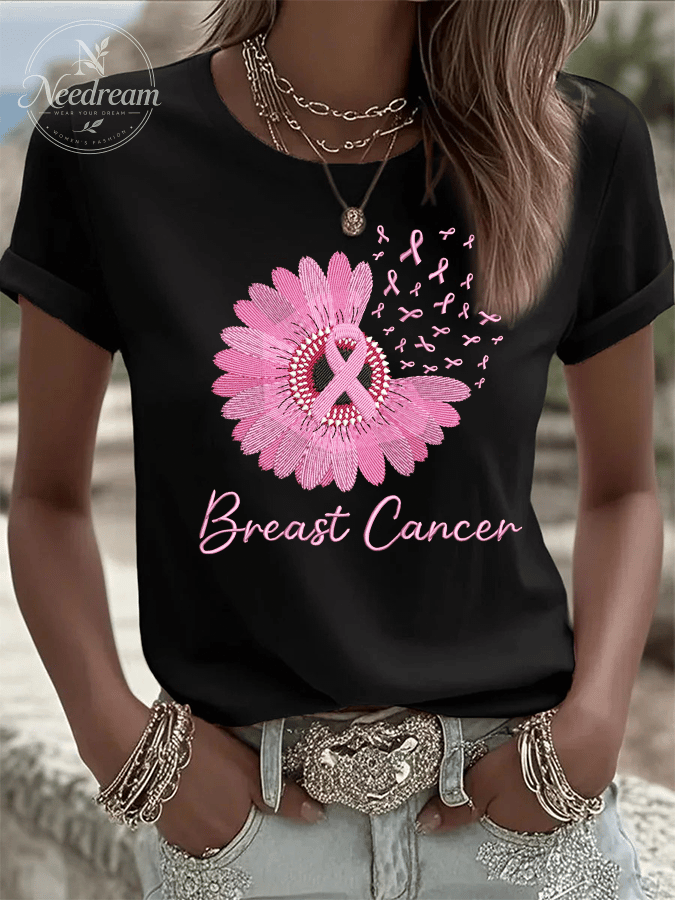 Women's Breast Cancer Awareness Print Crew Neck T-Shirt