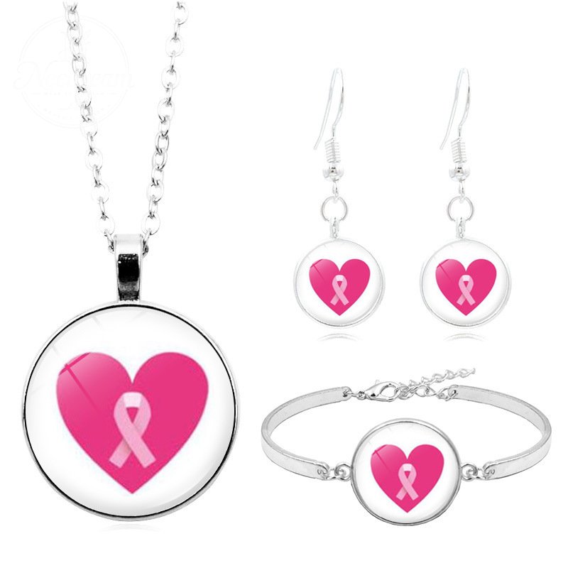Breast Cancer Pink Ribbon Logo Necklace Set