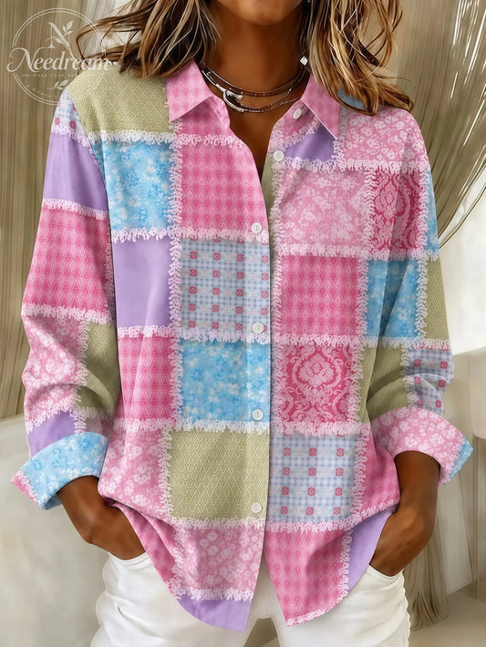 Women's Casual Vintage Pink Patchwork Print Shirt