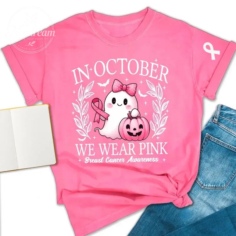 Women'S Breast Cancer Awareness Heart Ribbon Round Neck 100% Cotton T-Shirt
