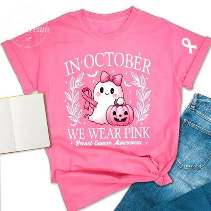 Women'S Breast Cancer Awareness Heart Ribbon Round Neck 100% Cotton T-Shirt