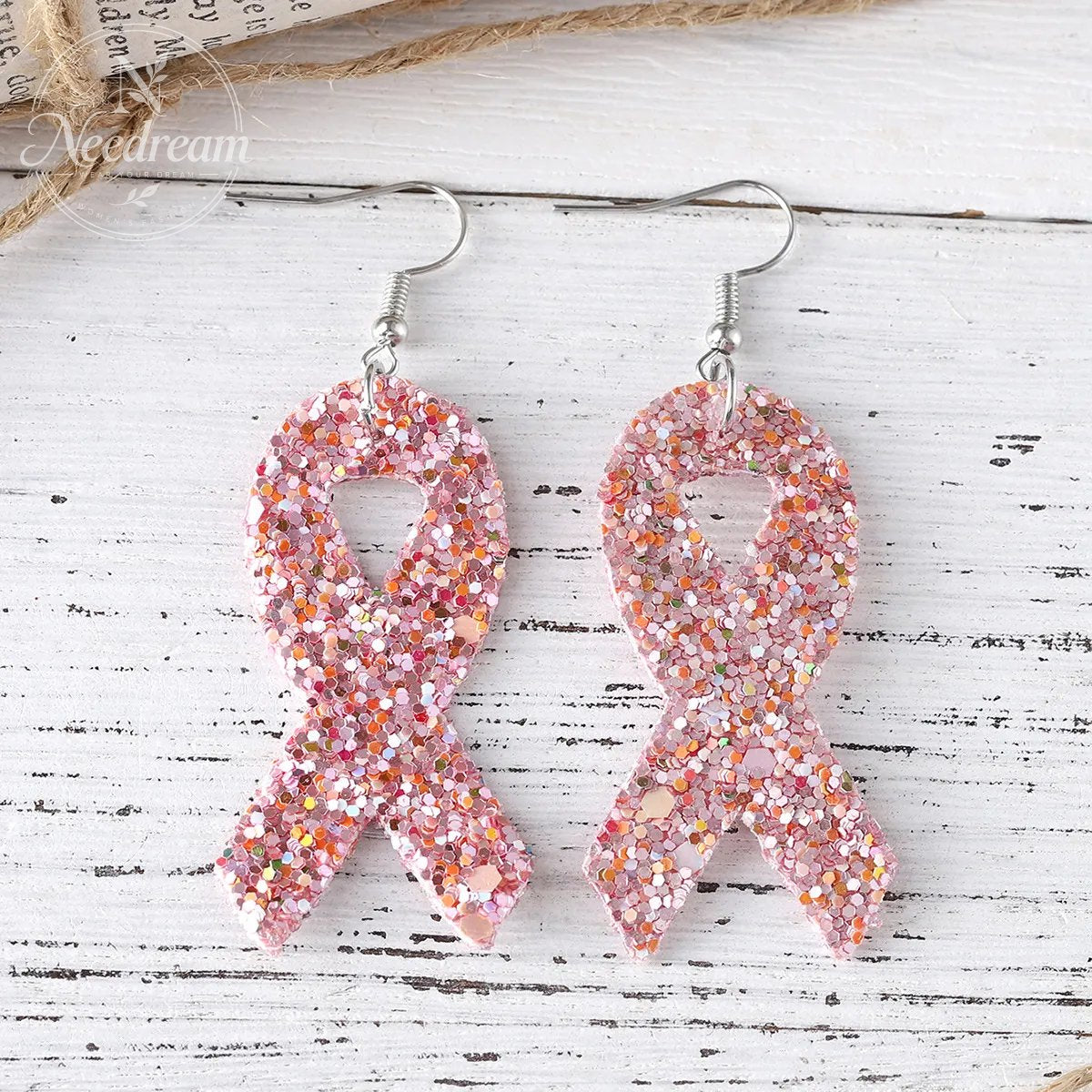 Pink Ribbon Glitter Earrings