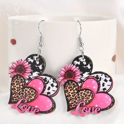 Retro Leopard Print Multi Heart Sunflower Ribbon Earrings