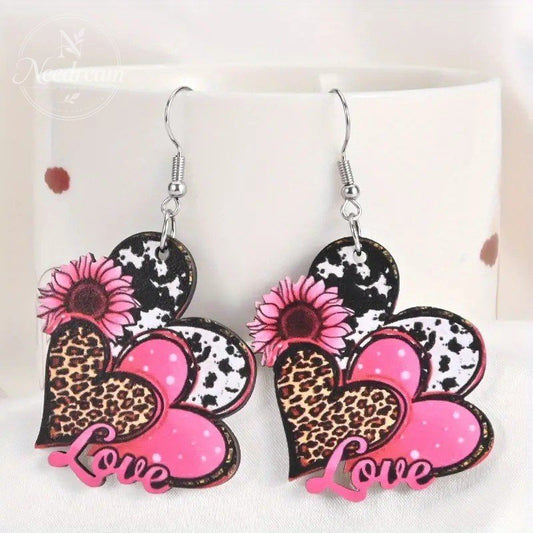 Retro Leopard Print Multi Heart Sunflower Ribbon Earrings