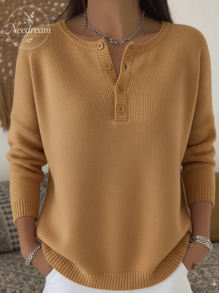 Women Plain Casual Long Sleeve Henley Collar Cotton Sweater