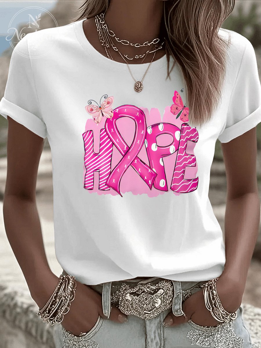 Women'S  Breast Cancer Hope And Butterfly Pattern Print Casual T-Shirt