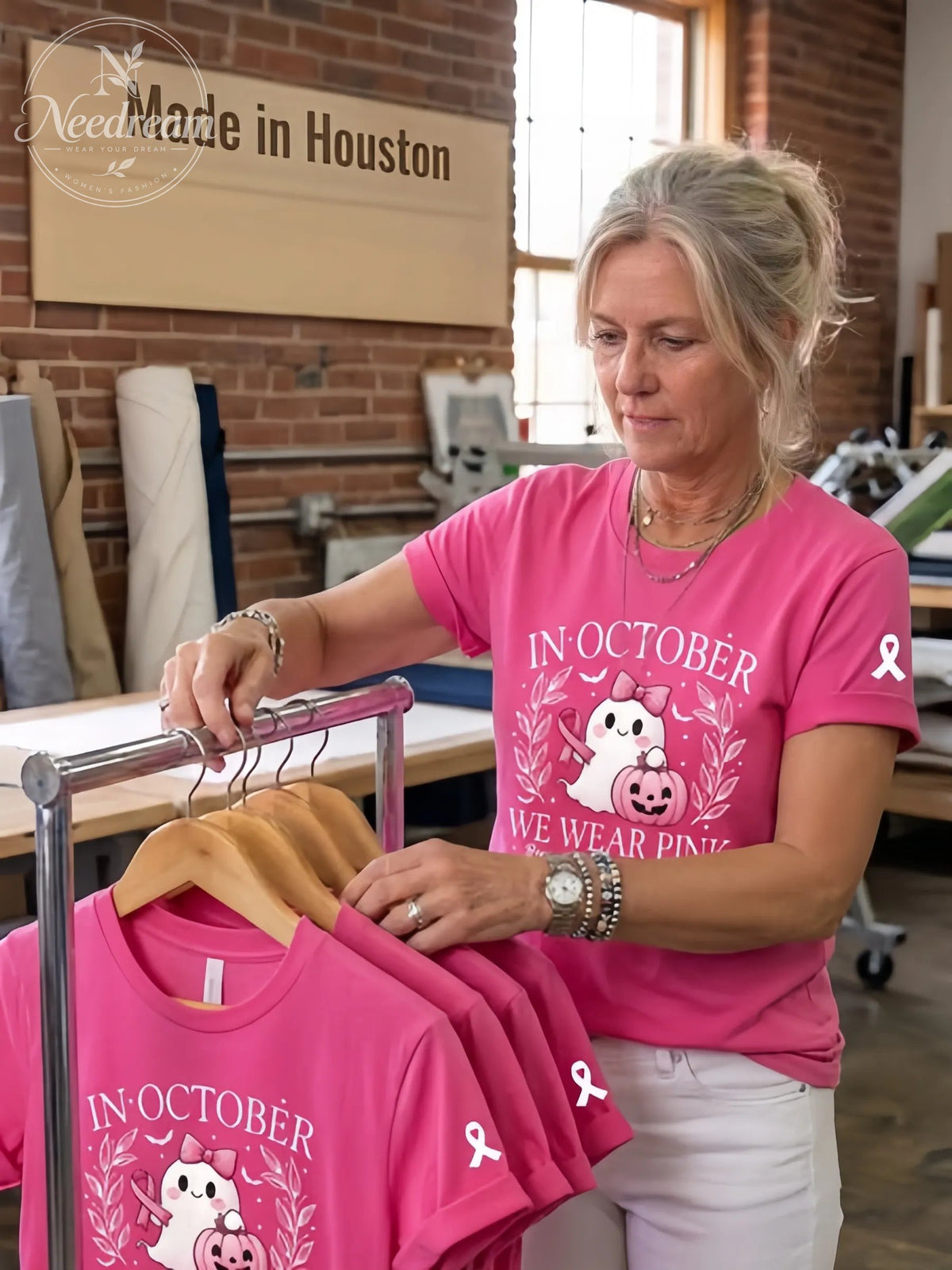 Women'S Breast Cancer Awareness Heart Ribbon Round Neck 100% Cotton T-Shirt