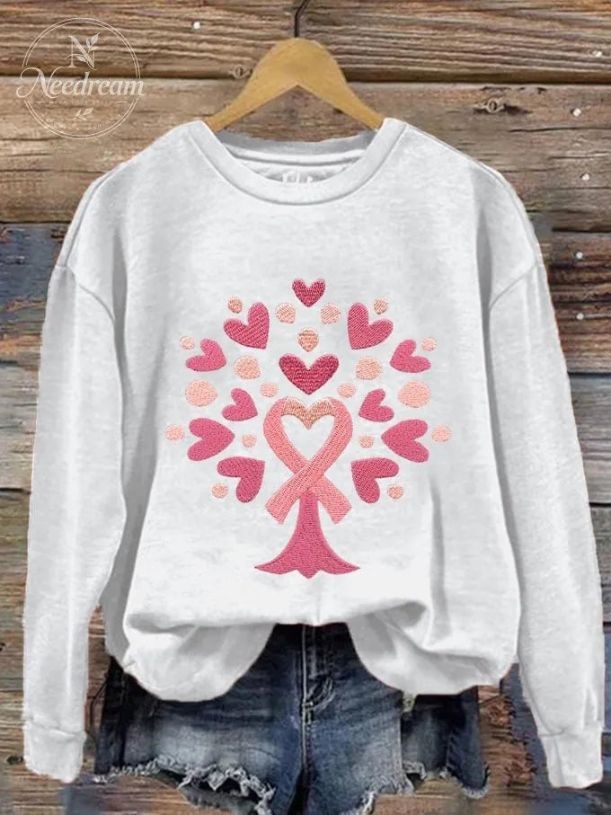 Women's Tree With Pink Ribbon Embroidered Printed Sweatshirt