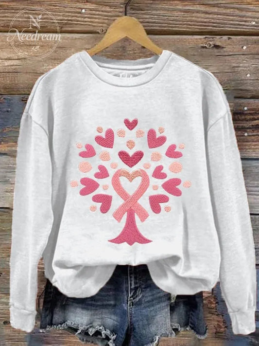Women's Tree With Pink Ribbon Embroidered Printed Sweatshirt
