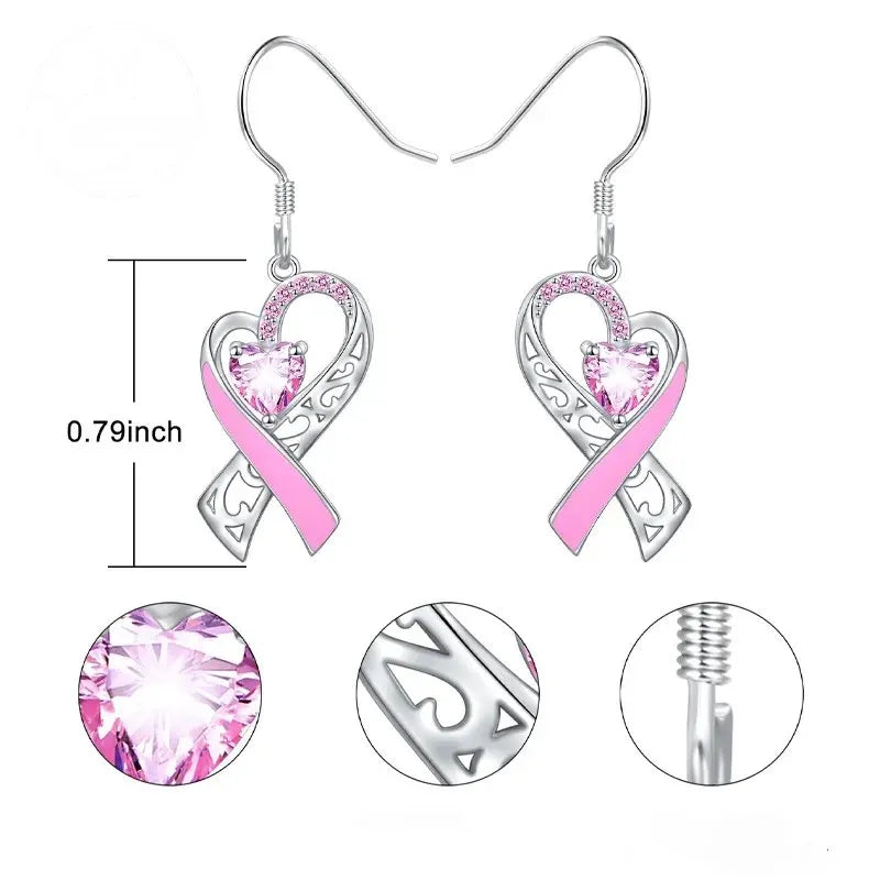 Pink Heart-Shaped Ribbon Shaped Diamond Studded Heart-Shaped Earrings