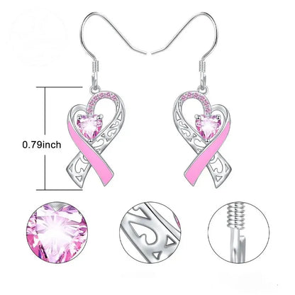 Pink Heart-Shaped Ribbon Shaped Diamond Studded Heart-Shaped Earrings