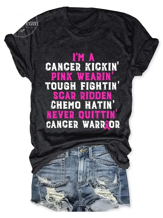 Breast Cancer Awareness Cancer Kickin' Chemo Hatin' Warrior Print T-Shirt