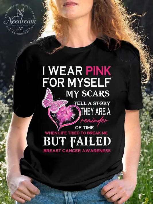 Women's Breast Cancer Slogan Print T-Shirt Tops