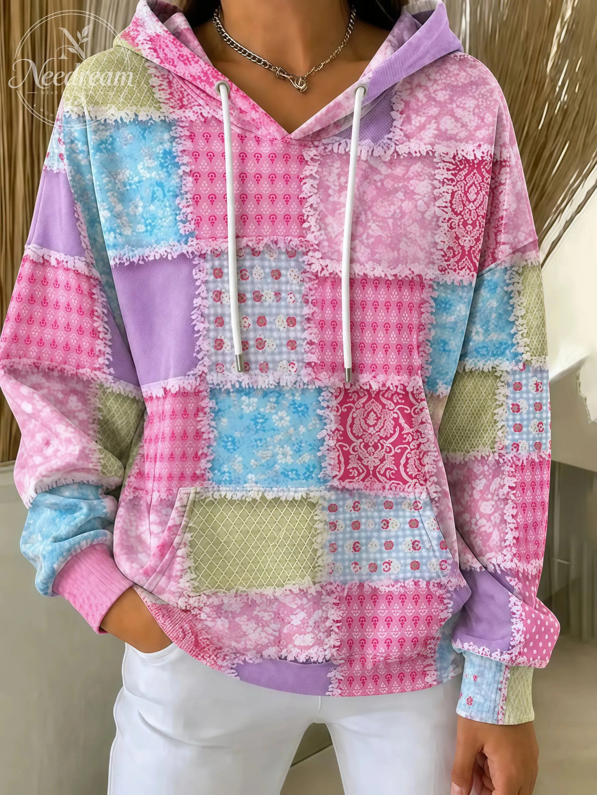 Women's Patchwork Plaid Print Long-Sleeve Casual Hoodie for Spring and Autumn