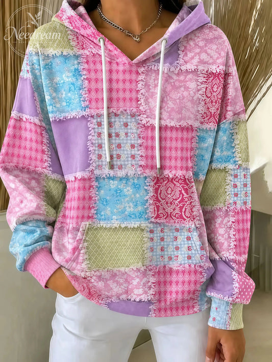 Women's Patchwork Plaid Print Long-Sleeve Casual Hoodie for Spring and Autumn