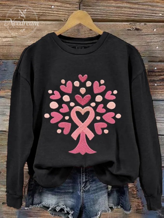Women's Tree With Pink Ribbon Embroidered Printed Sweatshirt
