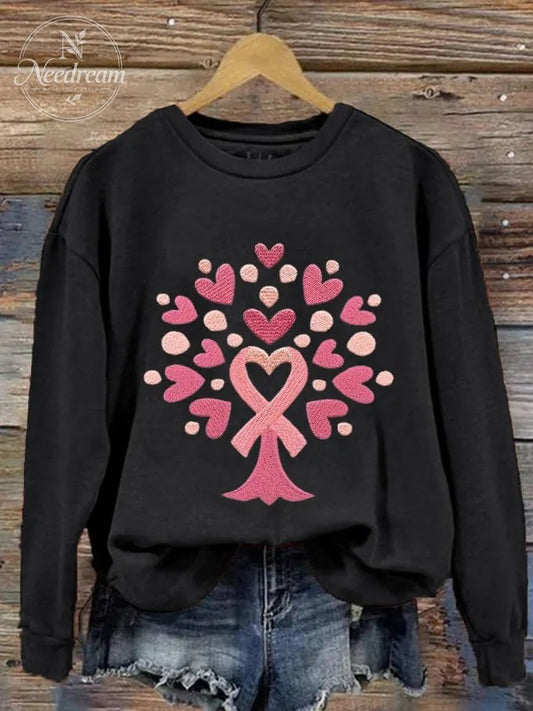 Women's Tree With Pink Ribbon Embroidered Printed Sweatshirt
