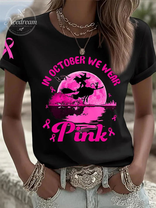 Women's In October We Wear Pink Breast Cancer Witch Print Casual T-shirt