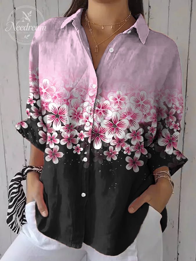 Women's Retro Pink Floral Art Print Casual Shirt