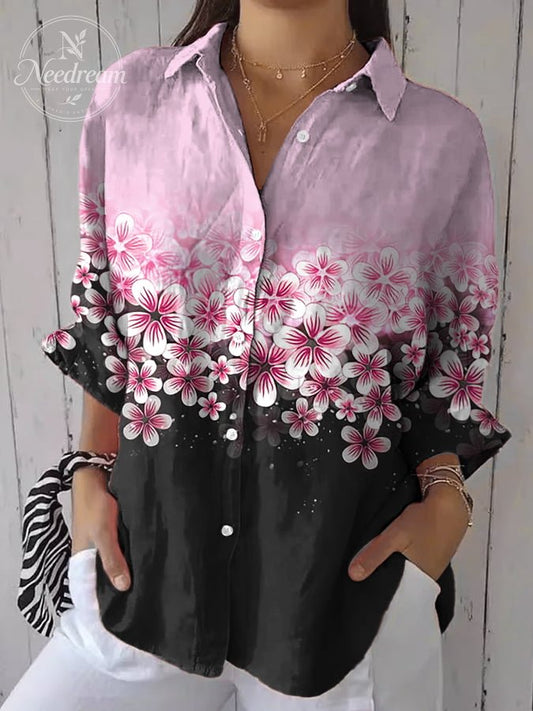 Women's Retro Pink Floral Art Print Casual Shirt