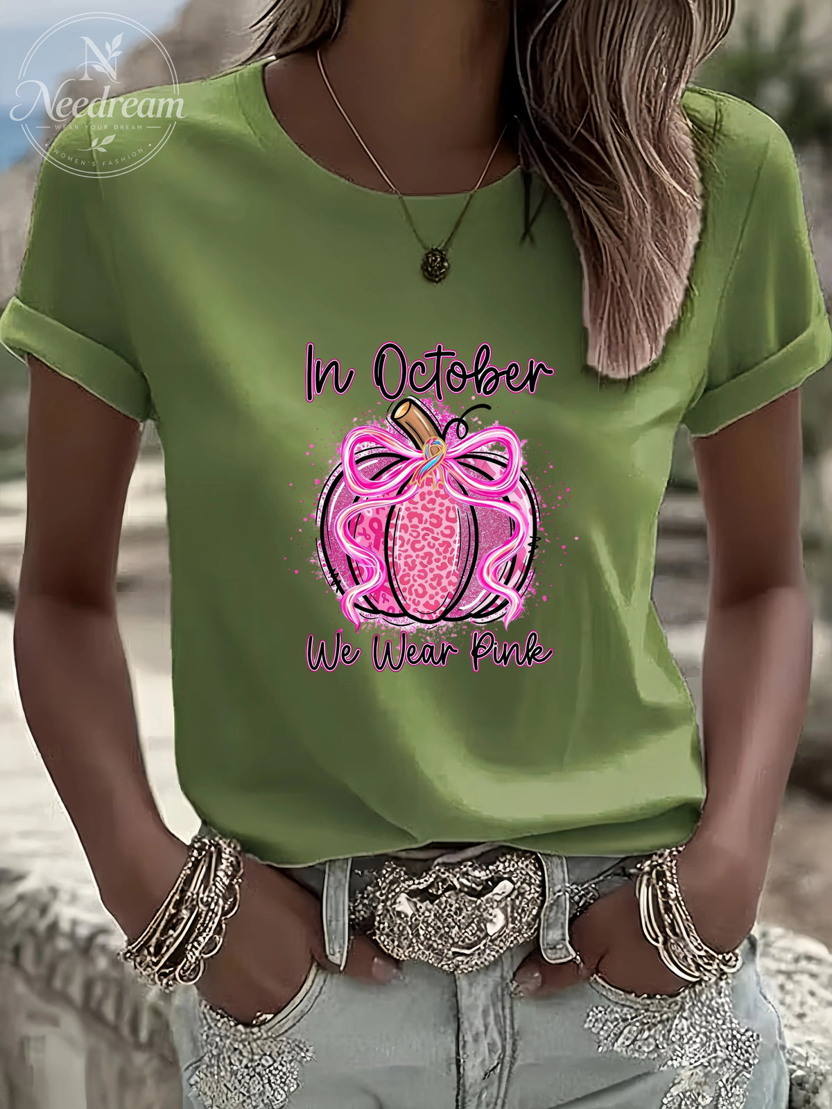 Women'S In October We Wear Pink Casual Round Neck T-Shirt