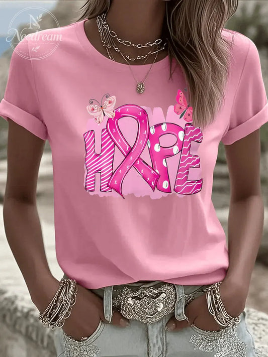 Women'S  Breast Cancer Hope And Butterfly Pattern Print Casual T-Shirt