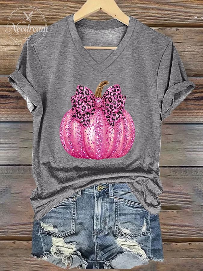 Women's Pink Pumpkin Print Breast Cancer Awareness T-Shirt