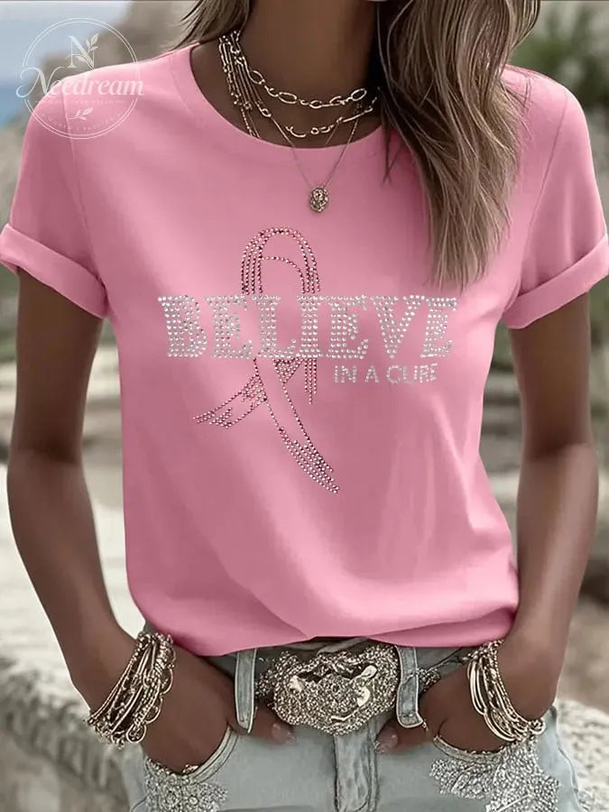 Women's Breast Cancer Believe In A Cure Print Casual T-shirt