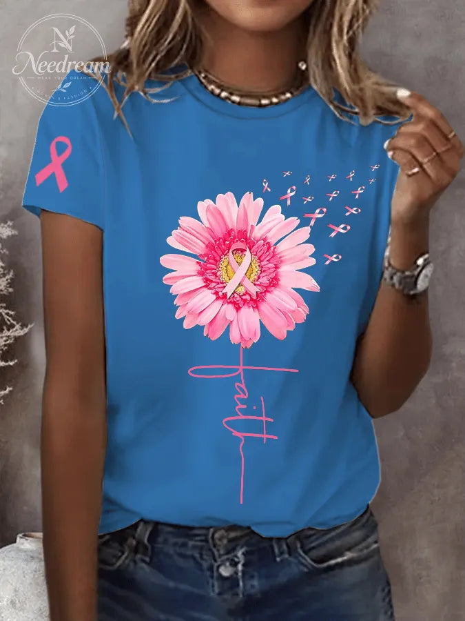 Women's Pink Daisy Faith Pink Ribbon Faith Hope Love Breast Cancer Awareness Print Round Neck Short Sleeve T-Shirt