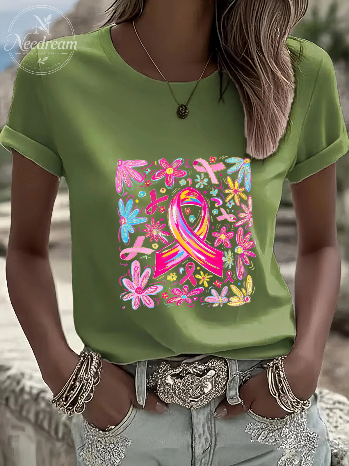 Women'S Comfort Colors Breast Cancer Awareness Casual Round Neck T-Shirt