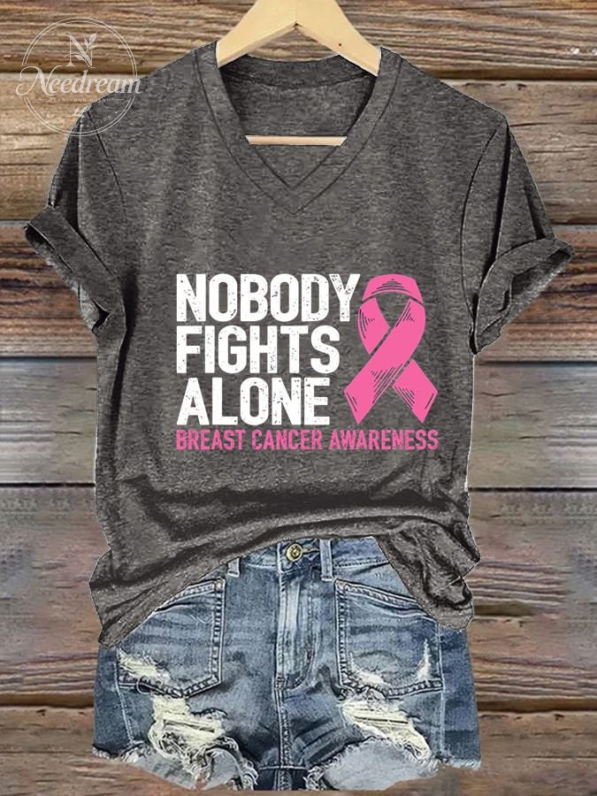 Women's Nobody Fights Alone Breast Cancer Awarenes print casual T-shirt