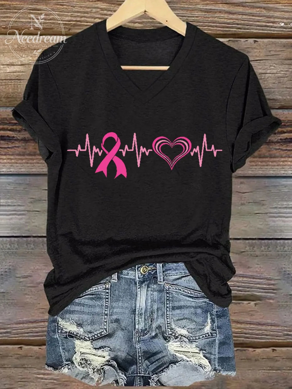 Women's Breast Cancer Awareness Print V-Neck T-Shirt