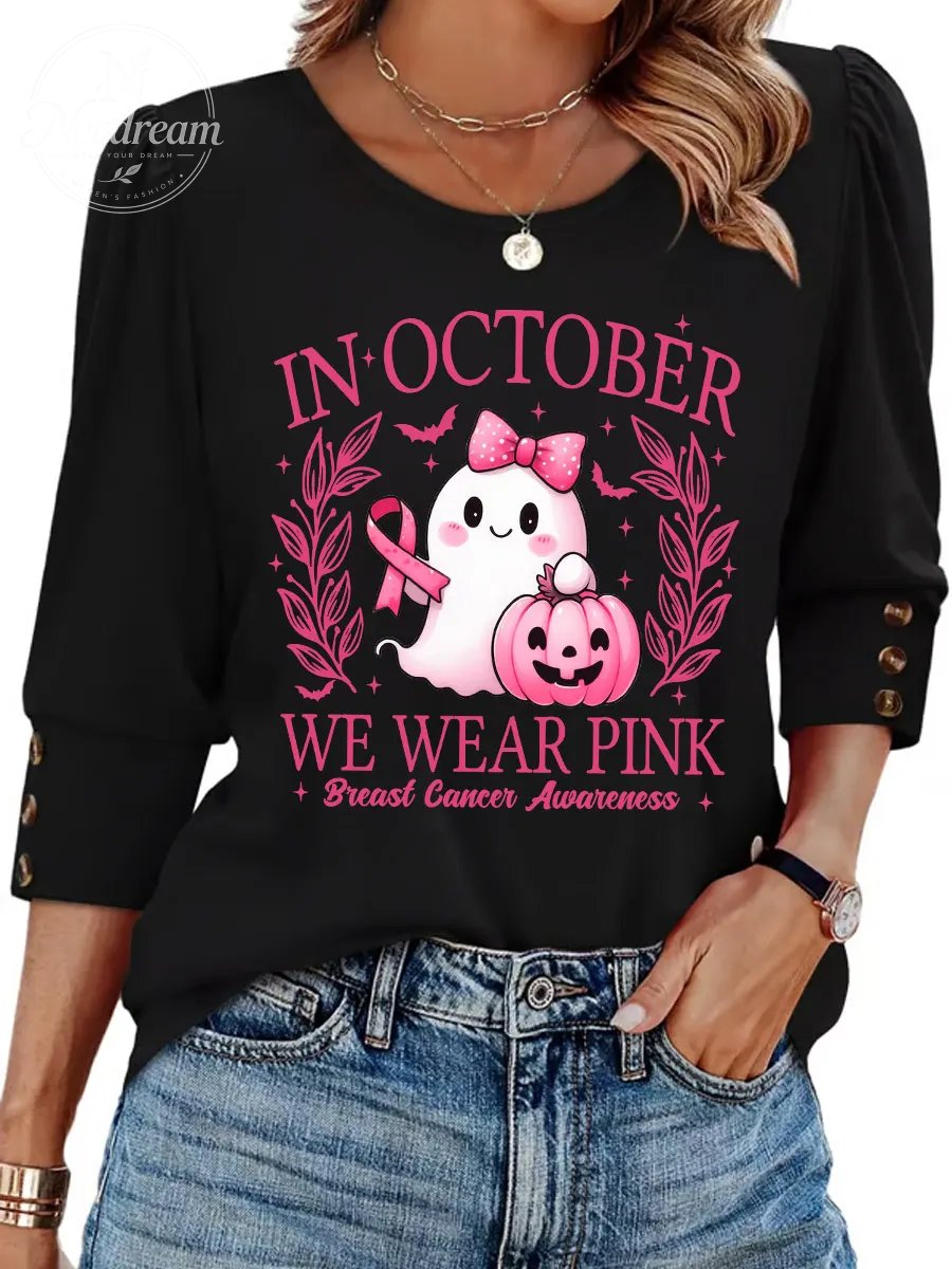 Women's "We Wear October" Pink Graphic Casual 3/4 Sleeve Button Top