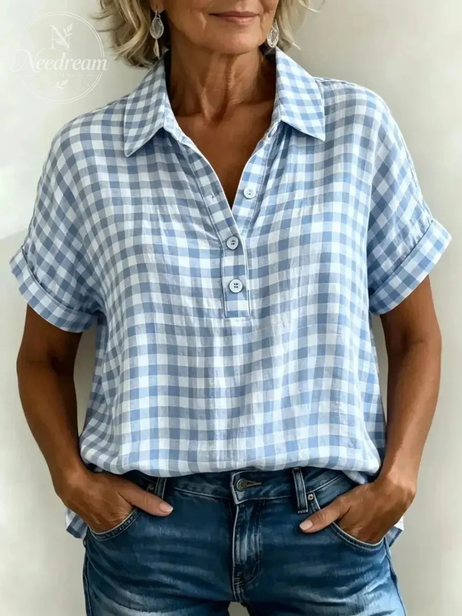 Women's Classic Plaid Cotton-Linen V-Neck Button-Front Shirt