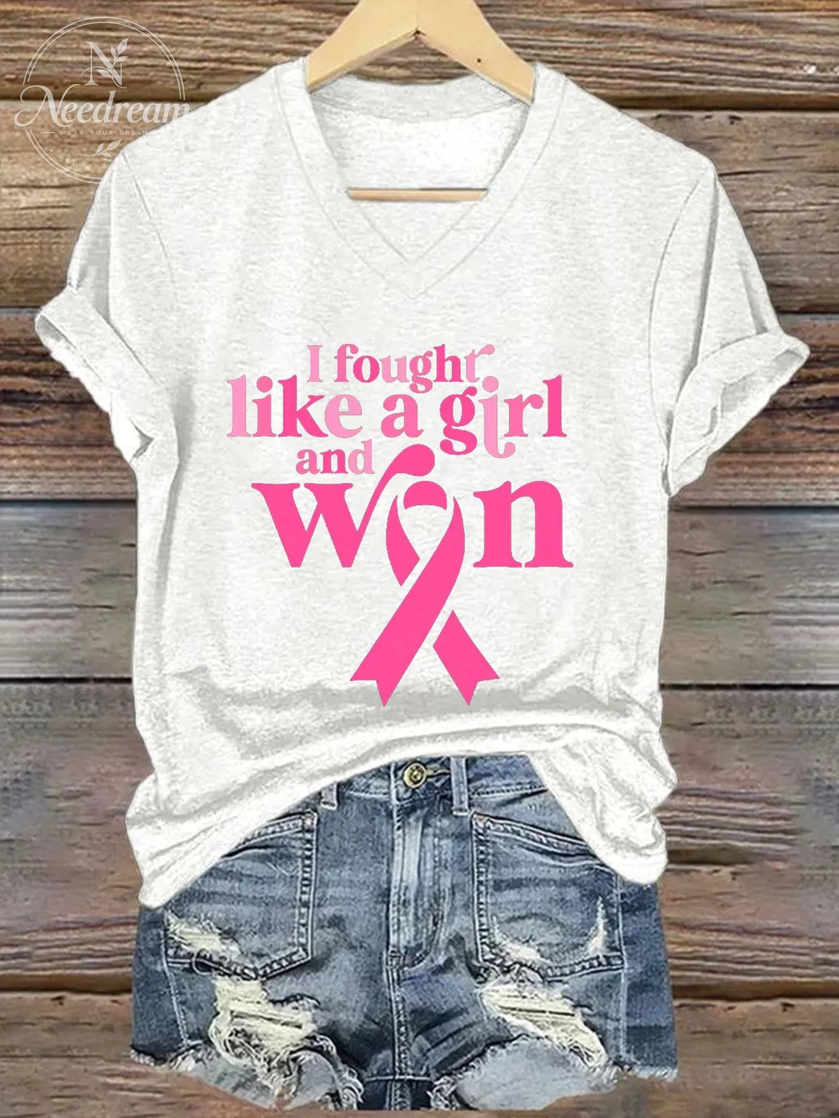 Women's Breast Cancer Awareness Print V-Neck T-Shirt