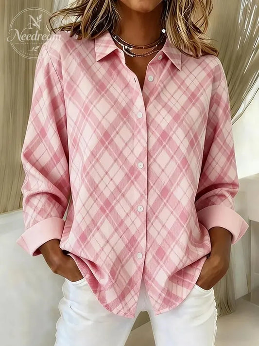 Women's casual pink plaid shirt