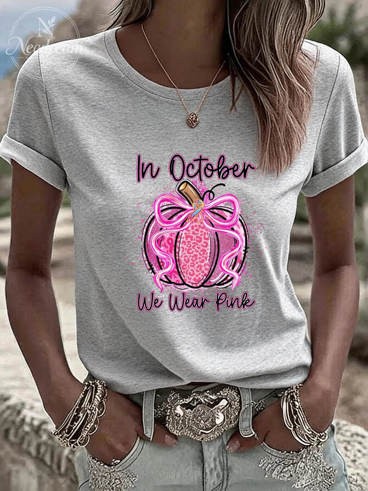 Women'S In October We Wear Pink Casual Round Neck T-Shirt