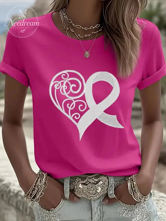 Women's Breast Cancer Heart Print Casual T-shirt