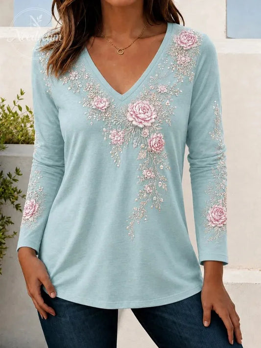 Women Floral Long Sleeve Tee T-shirt V Neck Casual Spring/Fall Top