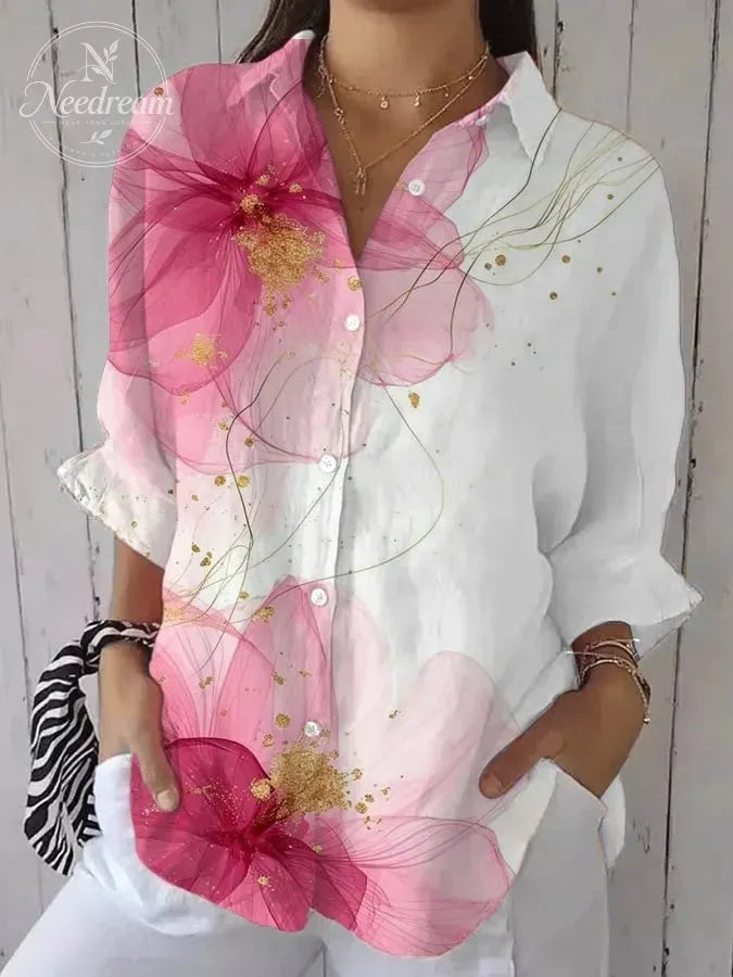 Women's Casual Retro Pink Art Floral Blouse