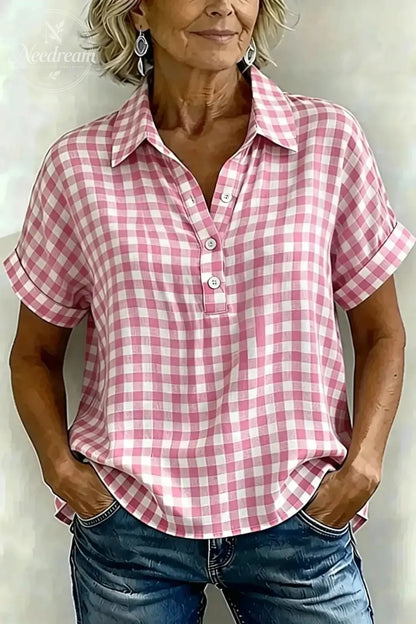 Women's Classic Plaid Cotton-Linen V-Neck Button-Front Shirt