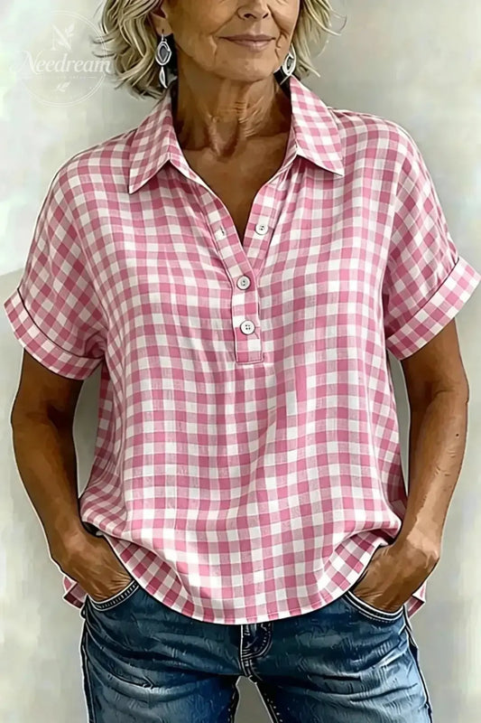 Women's Classic Plaid Cotton-Linen V-Neck Button-Front Shirt