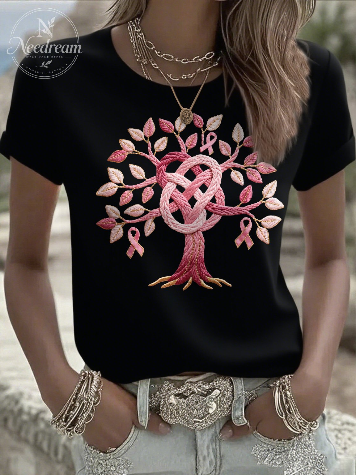 Women's Casual Pink Breast Cancer Tree of Life T-shirt