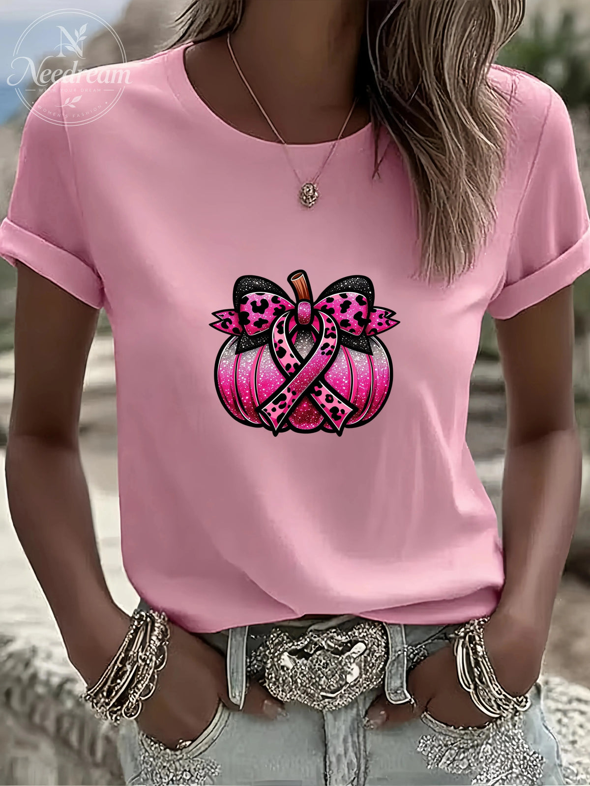Women'S Breast Cancer Ribbon Pumpkin Casual Round Neck T-Shirt