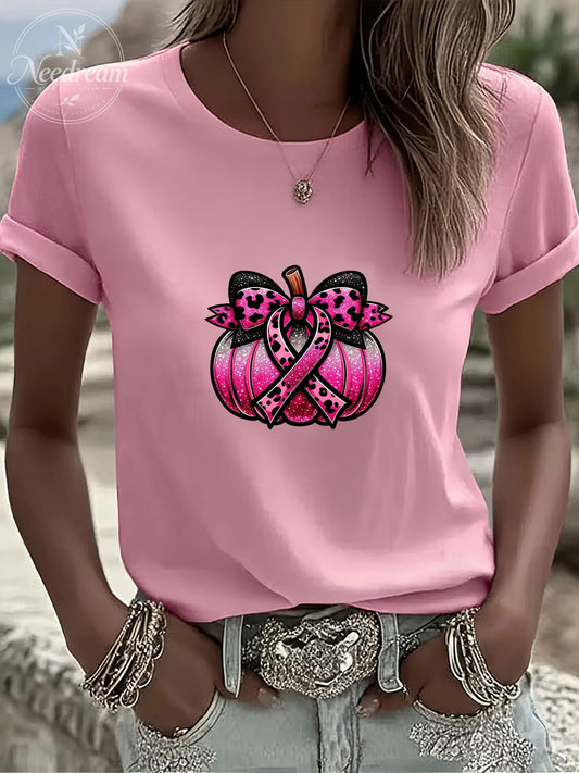 Women'S Breast Cancer Ribbon Pumpkin Casual Round Neck T-Shirt