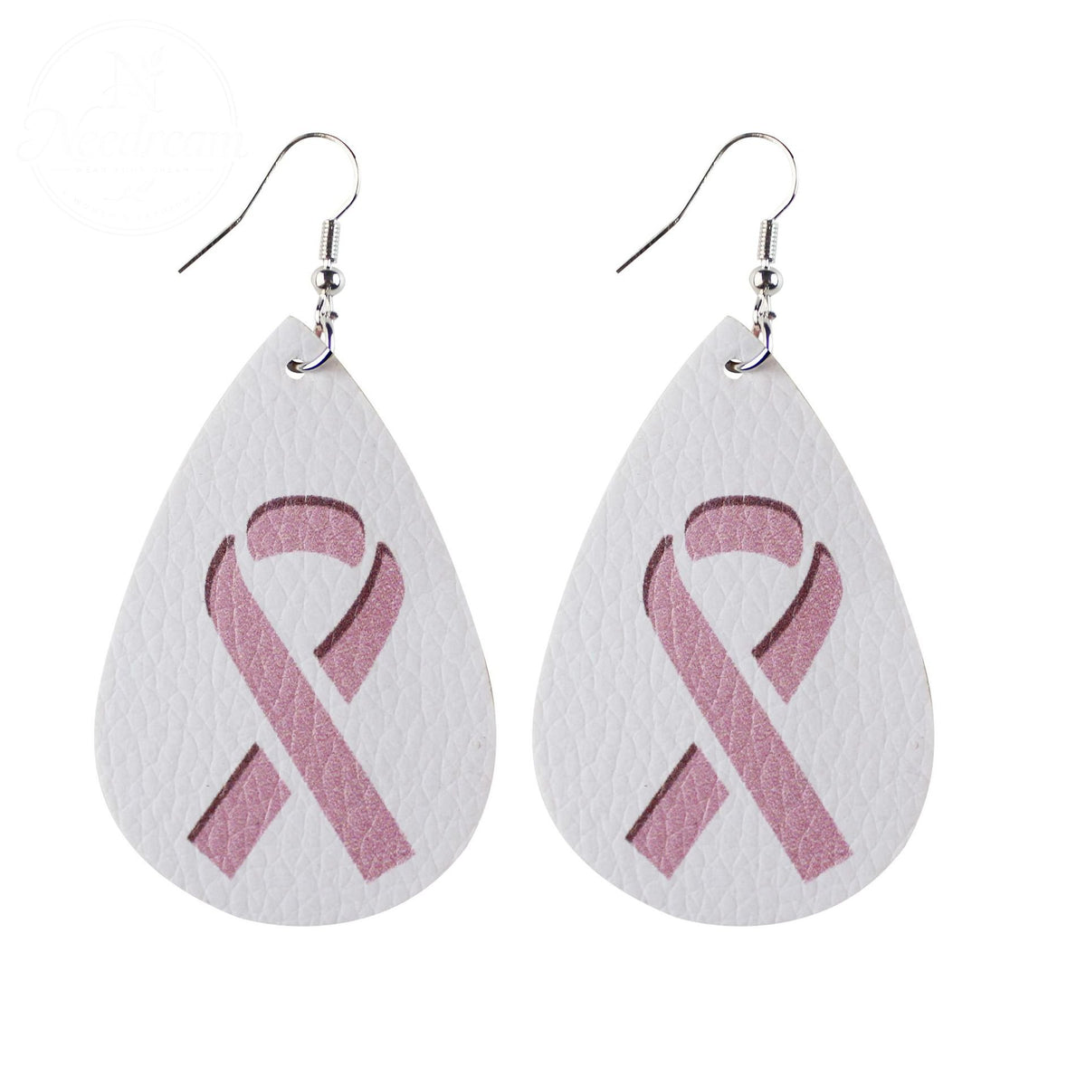 Pink Ribbon Artificial Leather Water Droplet Earrings
