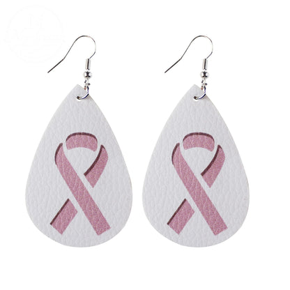 Pink Ribbon Artificial Leather Water Droplet Earrings