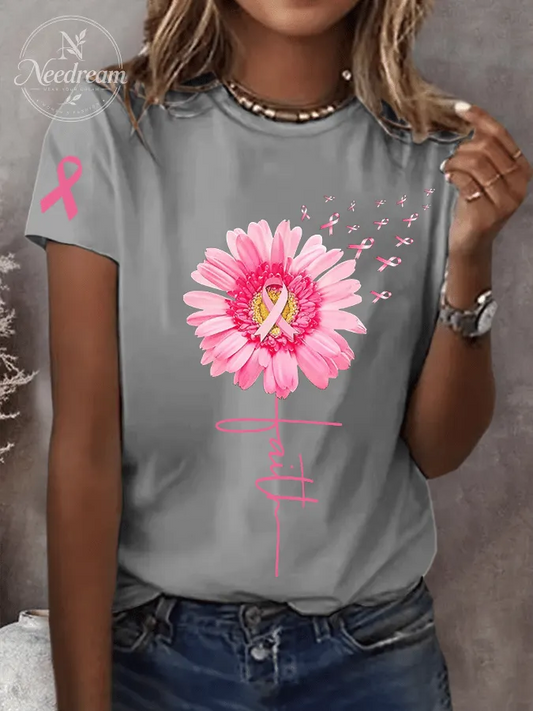 Women's Pink Daisy Faith Pink Ribbon Faith Hope Love Breast Cancer Awareness Print Round Neck Short Sleeve T-Shirt